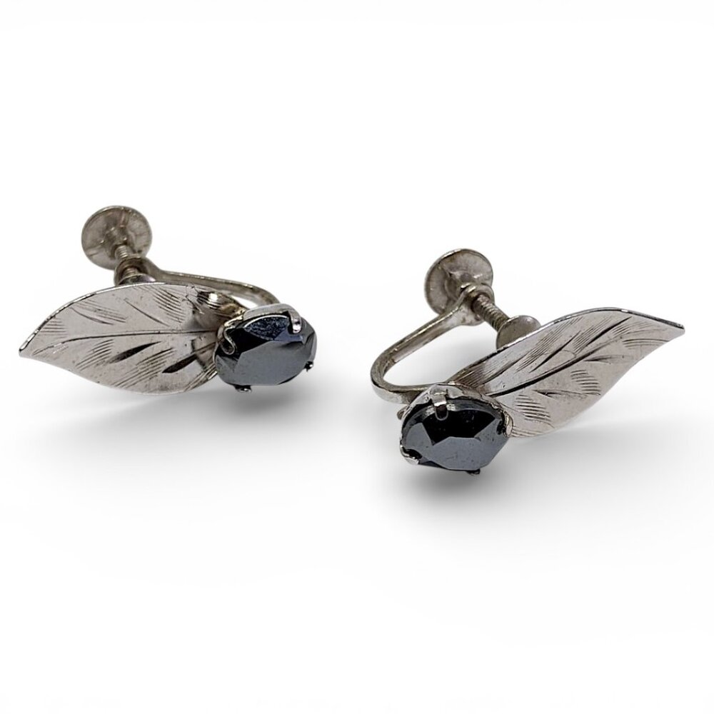 Vintage Sterling Silver Earrings Leaf Screw Backs Hematite Stone by Bond-Boyd